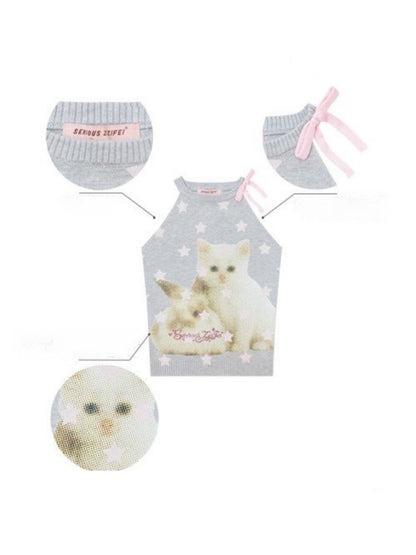 Bow Star Cat & Rabbit Print Slimming Knitted Vest【s0000016148】