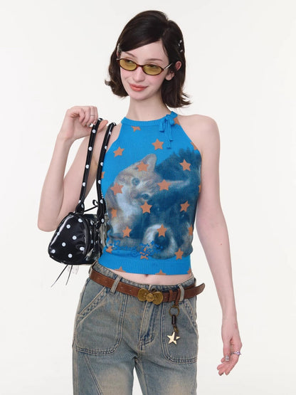 Bow Star Cat & Rabbit Print Slimming Knitted Vest【s0000016148】