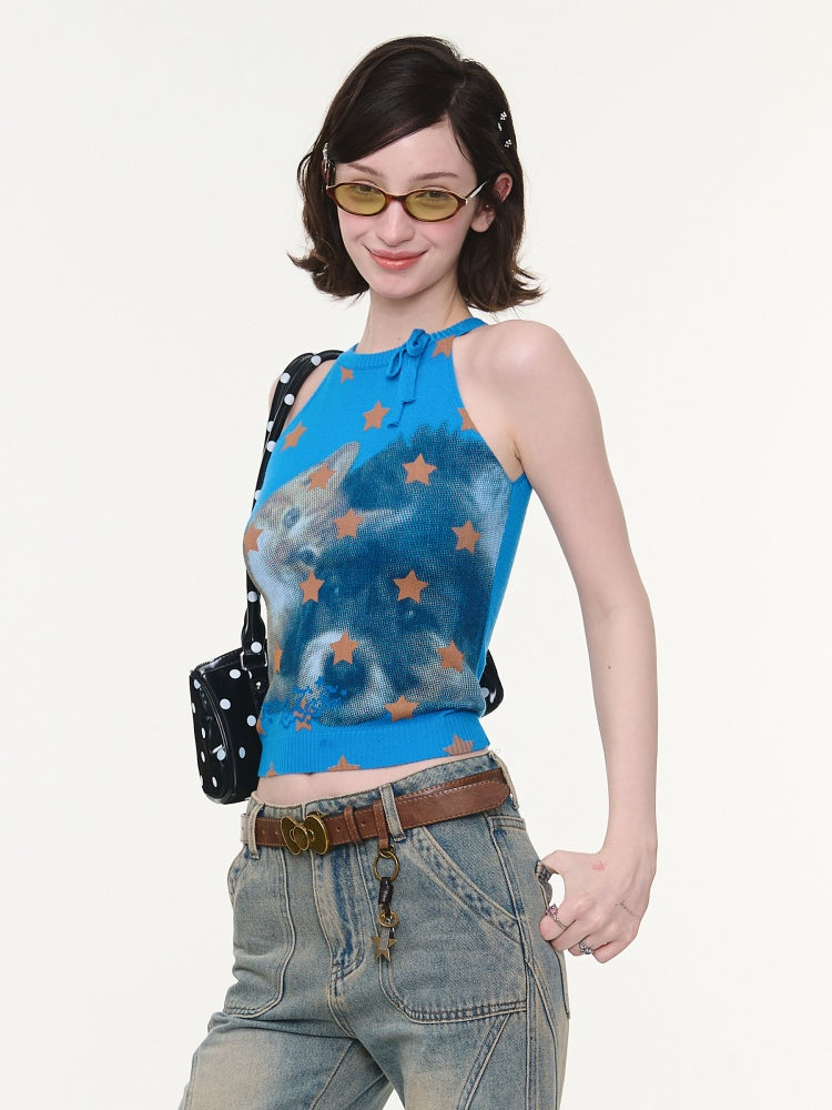 Bow Star Cat & Rabbit Print Slimming Knitted Vest【s0000016148】