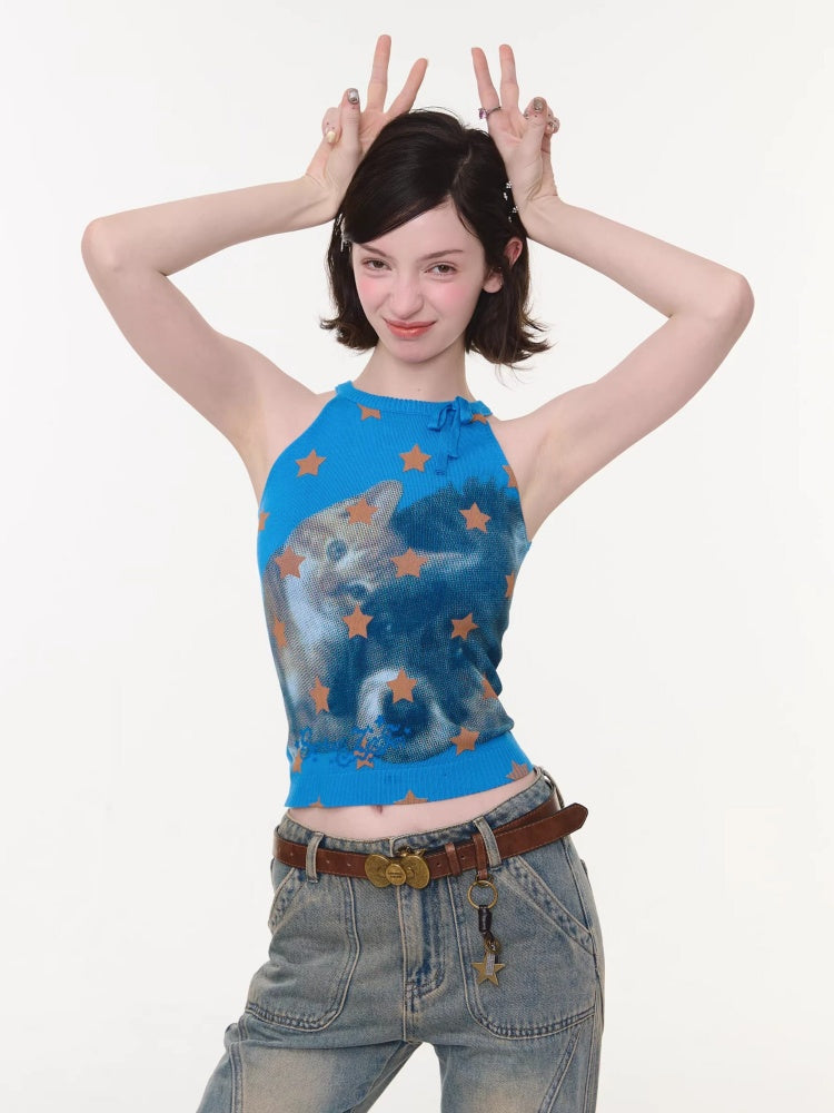Bow Star Cat & Rabbit Print Slimming Knitted Vest【s0000016148】