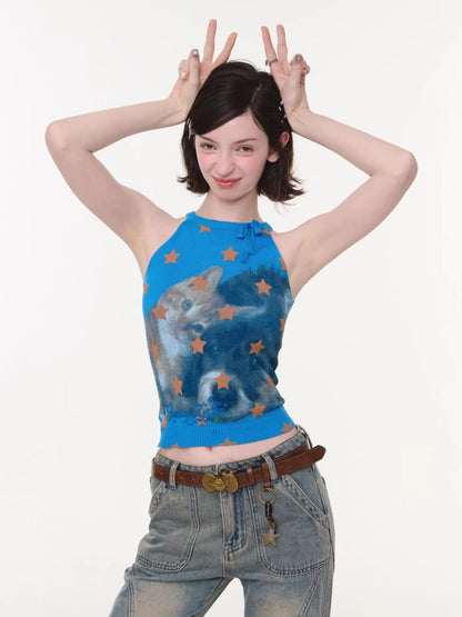 Bow Star Cat & Rabbit Print Slimming Knitted Vest【s0000016148】