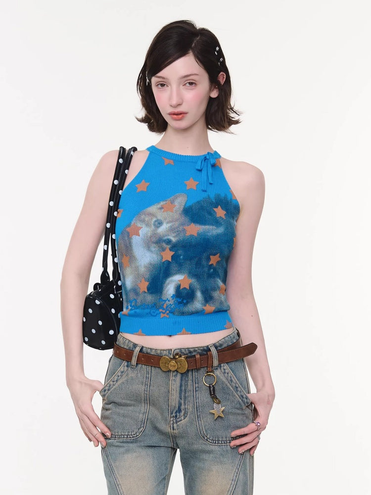 Bow Star Cat & Rabbit Print Slimming Knitted Vest【s0000016148】