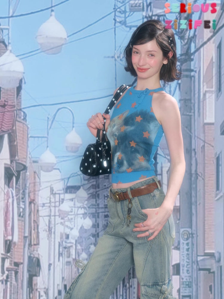 Bow Star Cat & Rabbit Print Slimming Knitted Vest【s0000016148】