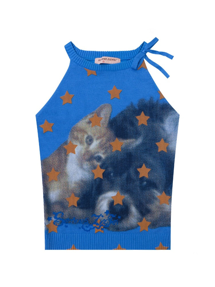 Bow Star Cat & Rabbit Print Slimming Knitted Vest【s0000016148】