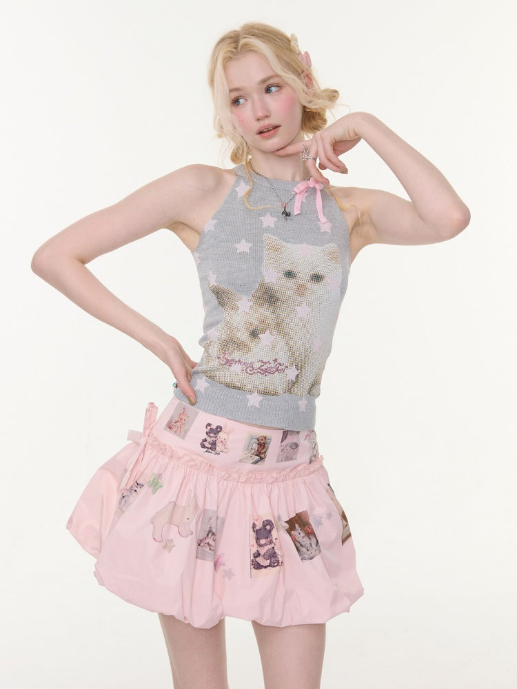 Bow Star Cat & Rabbit Print Slimming Knitted Vest【s0000016148】