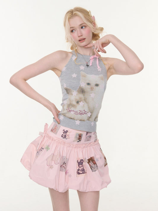 Bow Star Cat & Rabbit Print Slimming Knitted Vest【s0000016148】