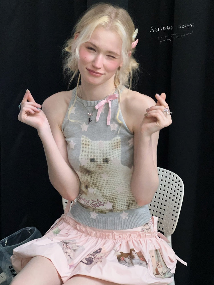 Bow Star Cat & Rabbit Print Slimming Knitted Vest【s0000016148】