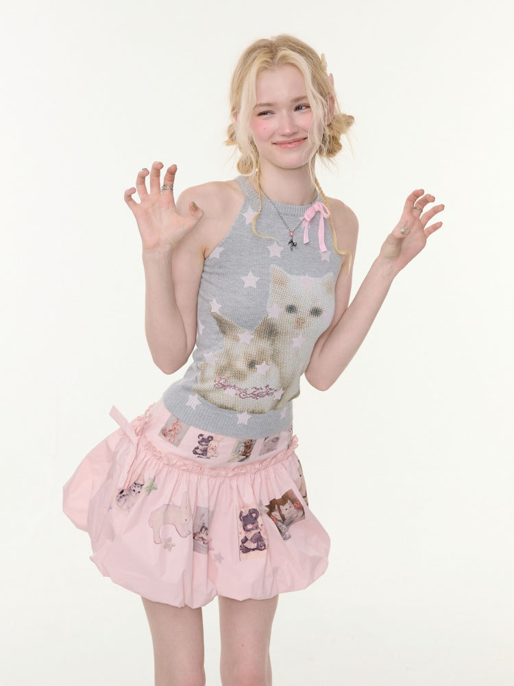 Bow Star Cat & Rabbit Print Slimming Knitted Vest【s0000016148】