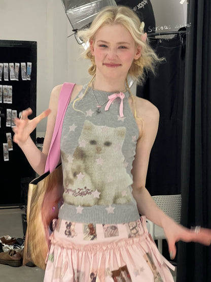 Bow Star Cat & Rabbit Print Slimming Knitted Vest【s0000016148】