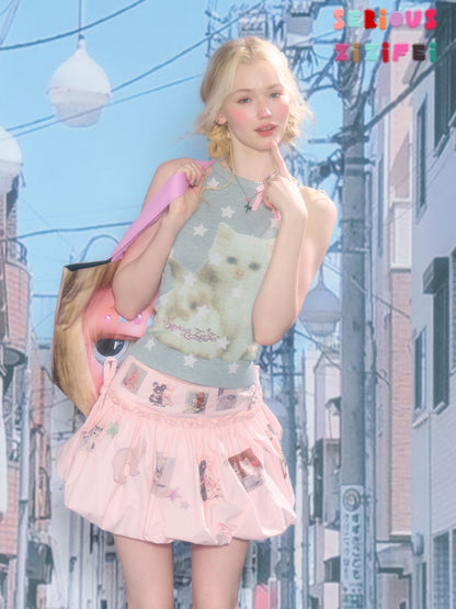 Bow Star Cat & Rabbit Print Slimming Knitted Vest【s0000016148】