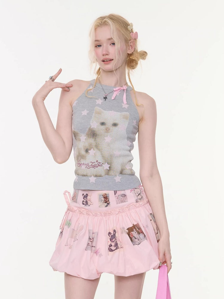 Bow Star Cat & Rabbit Print Slimming Knitted Vest【s0000016148】