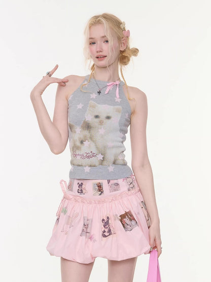 Bow Star Cat & Rabbit Print Slimming Knitted Vest【s0000016148】