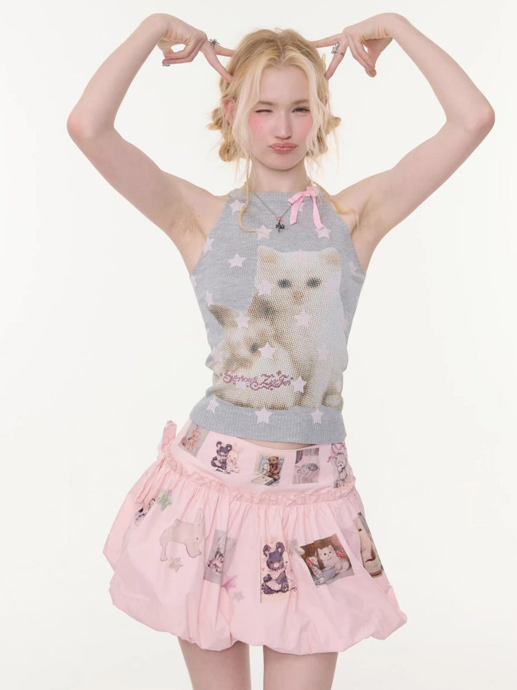 Bow Star Cat & Rabbit Print Slimming Knitted Vest【s0000016148】