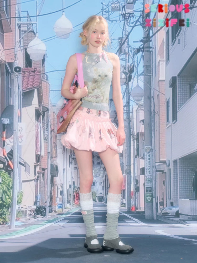 Bow Star Cat & Rabbit Print Slimming Knitted Vest【s0000016148】