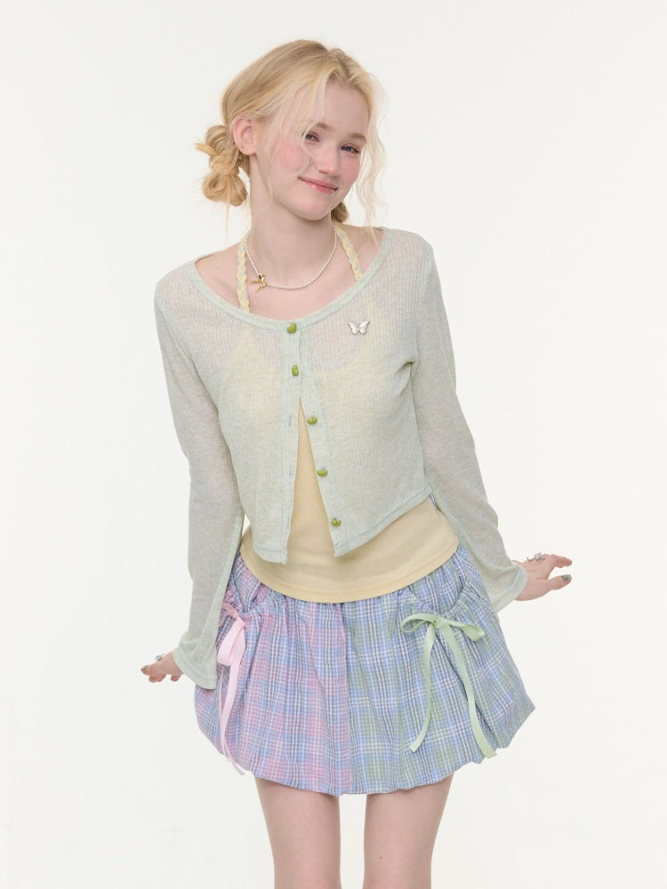 Flared Sleeves Slim Knitted Cardigan Light Green【s0000016149】