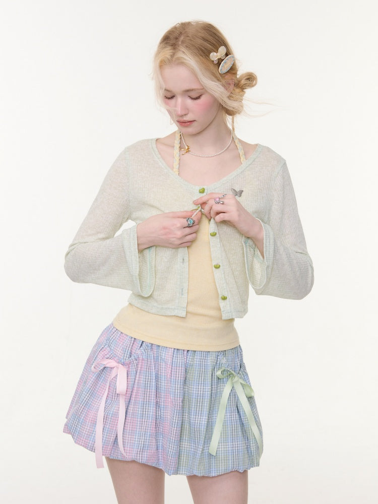 Flared Sleeves Slim Knitted Cardigan Light Green【s0000016149】