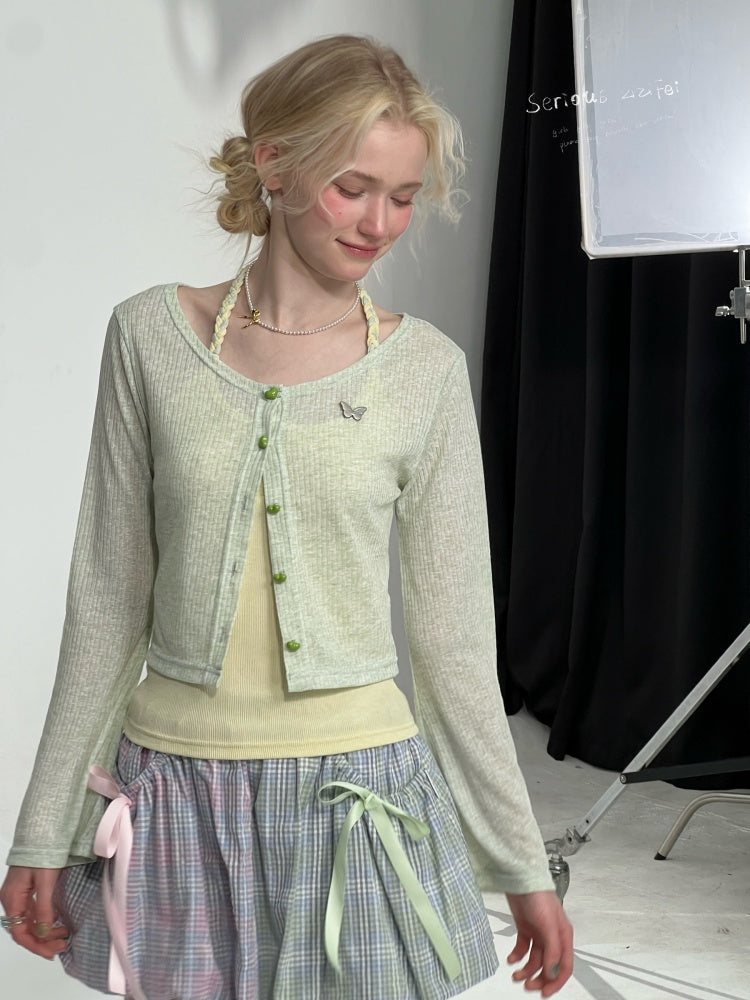 Flared Sleeves Slim Knitted Cardigan Light Green【s0000016149】
