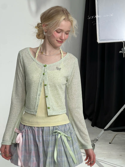 Flared Sleeves Slim Knitted Cardigan Light Green【s0000016149】