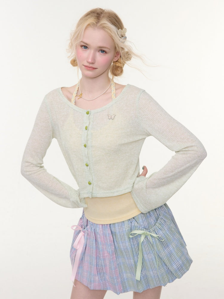 Flared Sleeves Slim Knitted Cardigan Light Green【s0000016149】