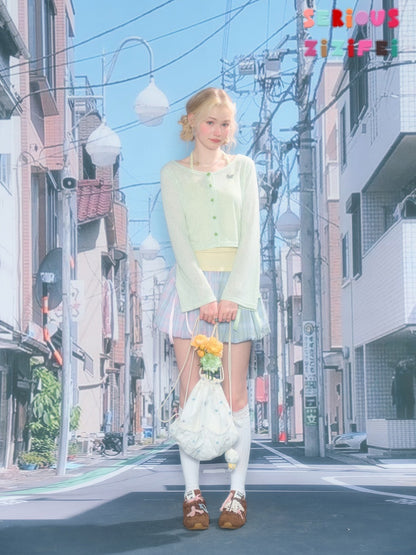 Flared Sleeves Slim Knitted Cardigan Light Green【s0000016149】