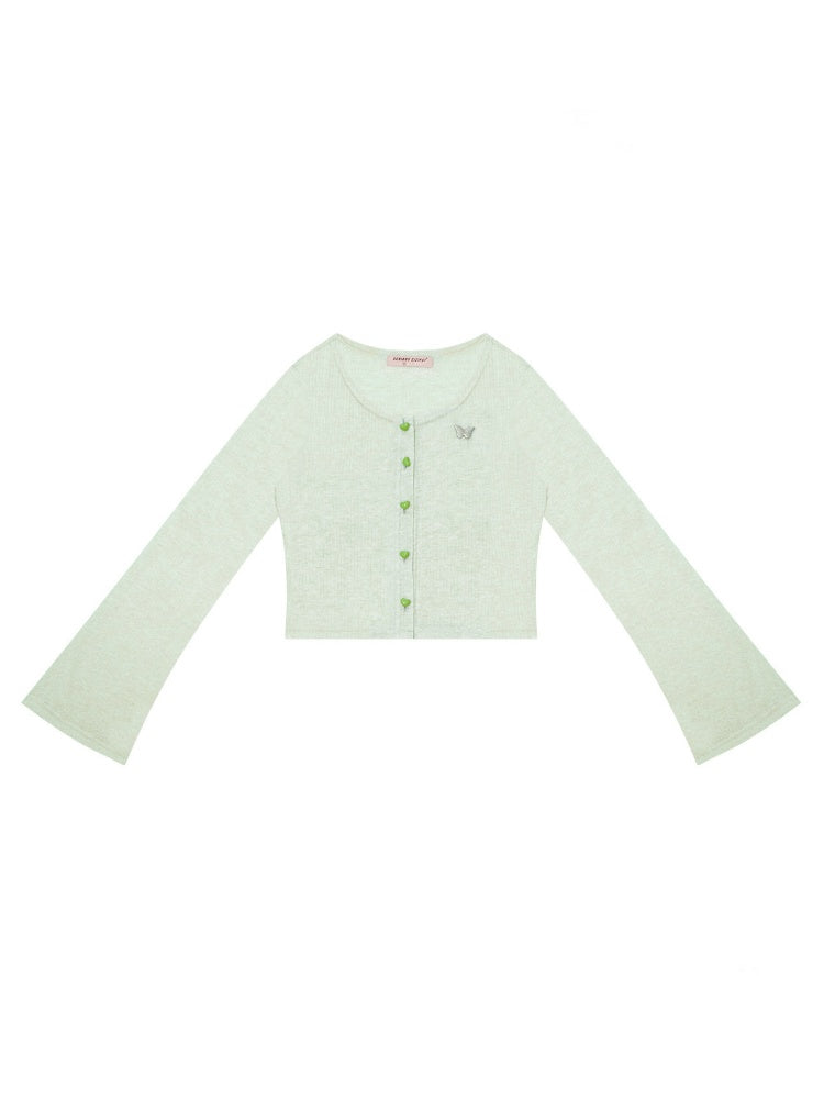 Flared Sleeves Slim Knitted Cardigan Light Green【s0000016149】