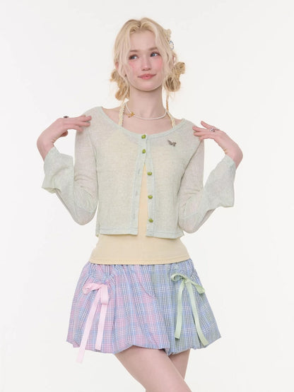 Flared Sleeves Slim Knitted Cardigan Light Green【s0000016149】
