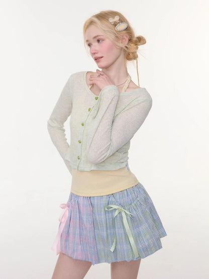 Flared Sleeves Slim Knitted Cardigan Light Green【s0000016149】