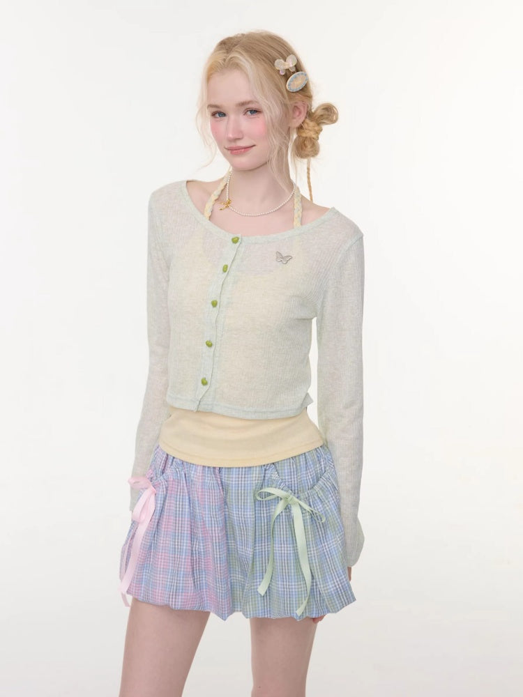 Flared Sleeves Slim Knitted Cardigan Light Green【s0000016149】