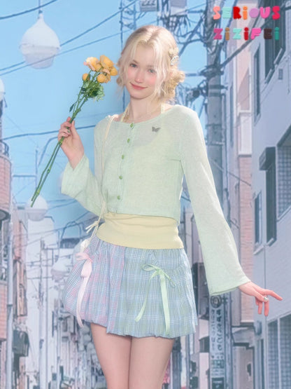 Flared Sleeves Slim Knitted Cardigan Light Green【s0000016149】