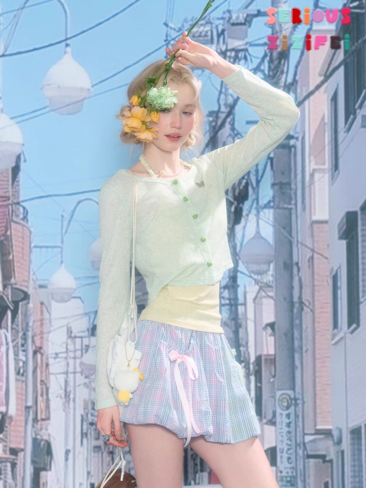 Flared Sleeves Slim Knitted Cardigan Light Green【s0000016149】