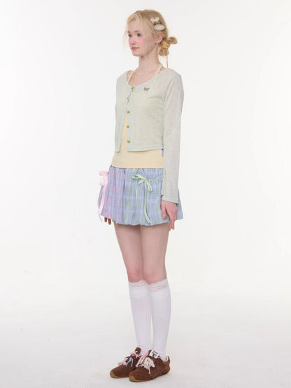 Flared Sleeves Slim Knitted Cardigan Light Green【s0000016149】