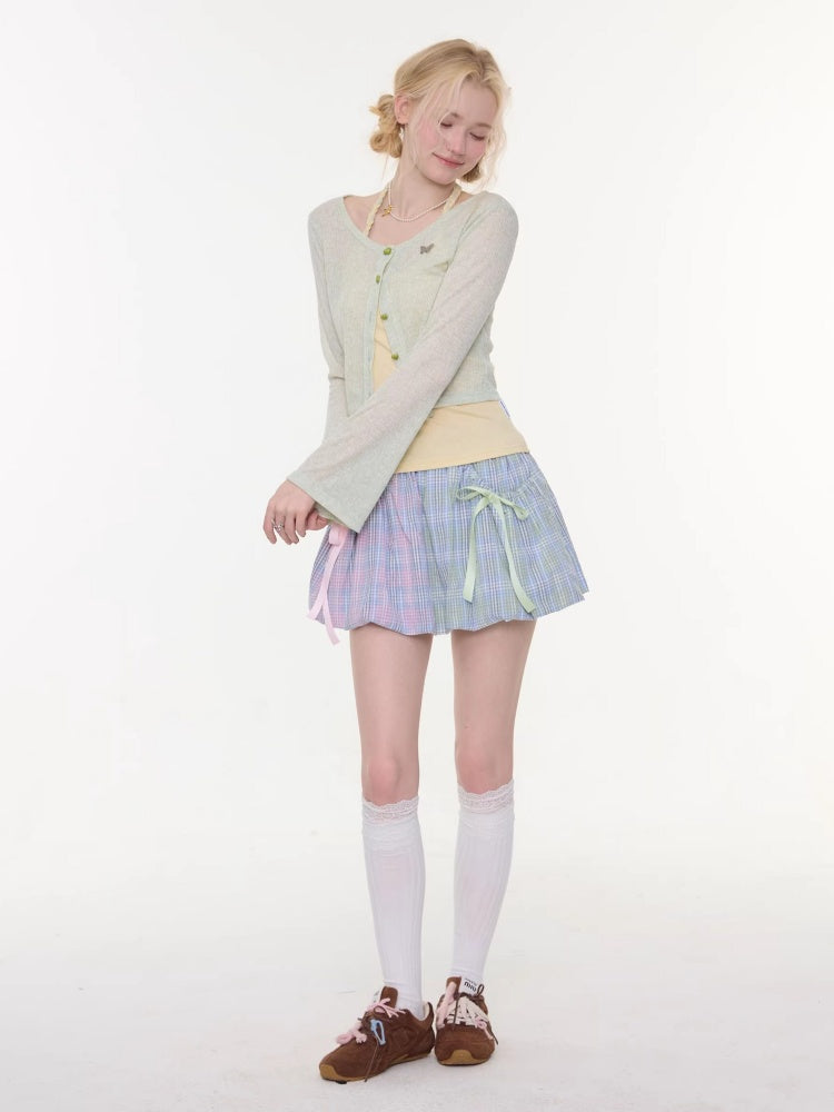 Flared Sleeves Slim Knitted Cardigan Light Green【s0000016149】
