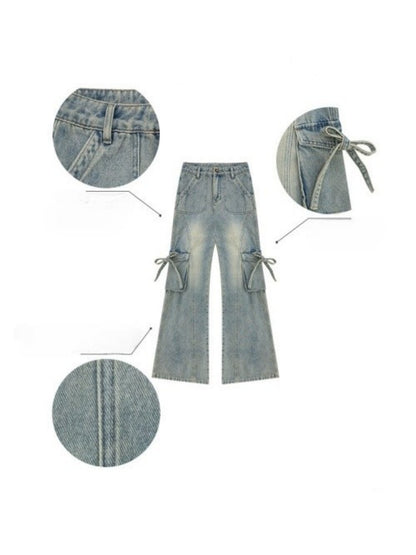 High Waist Slimming Distressed Bow Pocket Straight Bootcut Jeans【s0000016151】