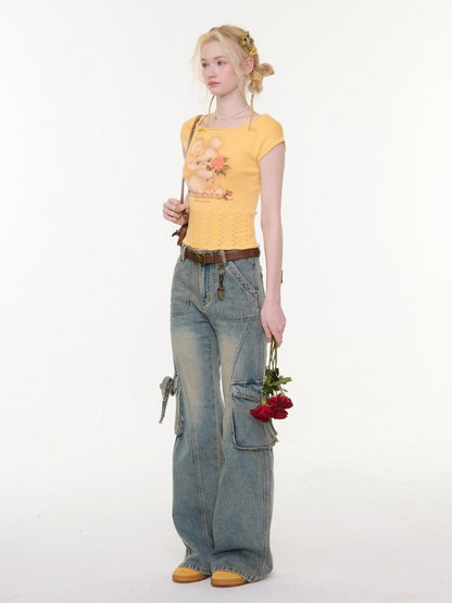 High Waist Slimming Distressed Bow Pocket Straight Bootcut Jeans【s0000016151】