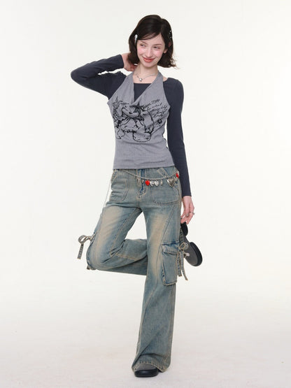 High Waist Slimming Distressed Bow Pocket Straight Bootcut Jeans【s0000016151】