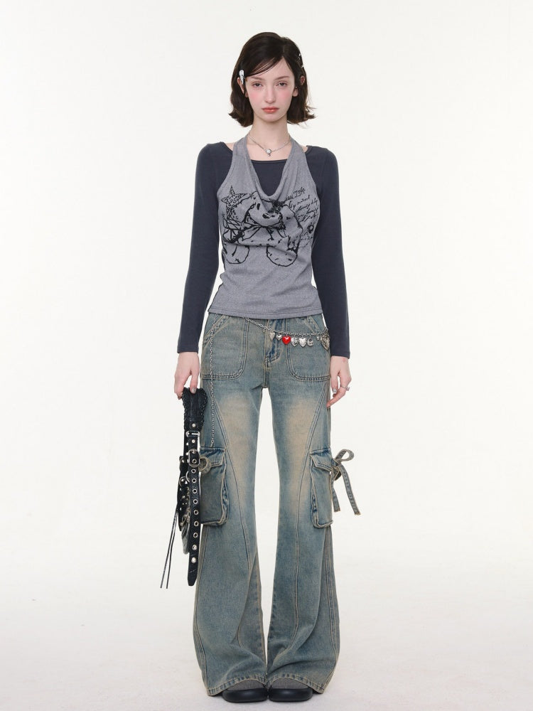 High Waist Slimming Distressed Bow Pocket Straight Bootcut Jeans【s0000016151】