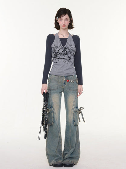 High Waist Slimming Distressed Bow Pocket Straight Bootcut Jeans【s0000016151】