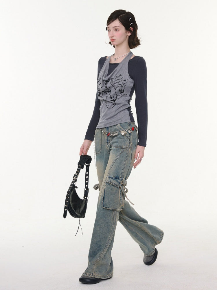 High Waist Slimming Distressed Bow Pocket Straight Bootcut Jeans【s0000016151】