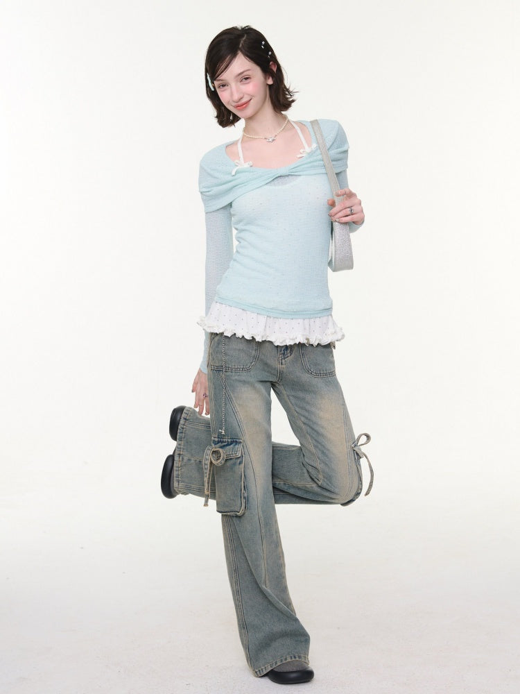 High Waist Slimming Distressed Bow Pocket Straight Bootcut Jeans【s0000016151】