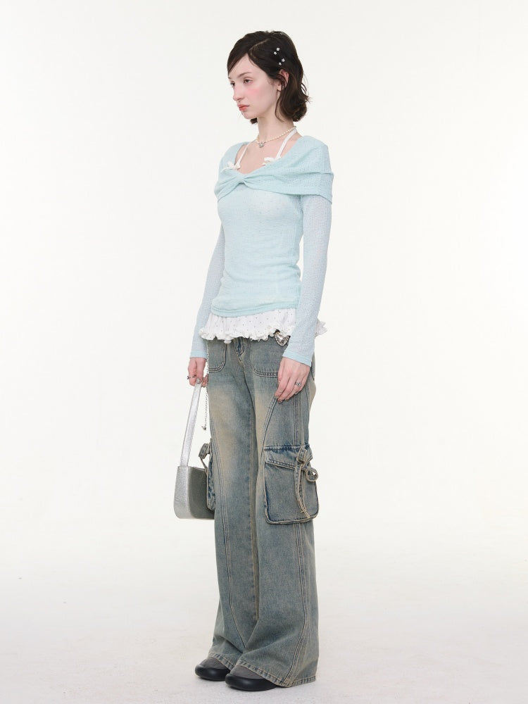 High Waist Slimming Distressed Bow Pocket Straight Bootcut Jeans【s0000016151】