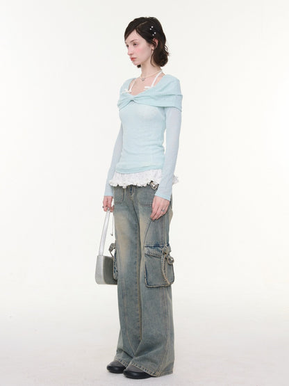 High Waist Slimming Distressed Bow Pocket Straight Bootcut Jeans【s0000016151】
