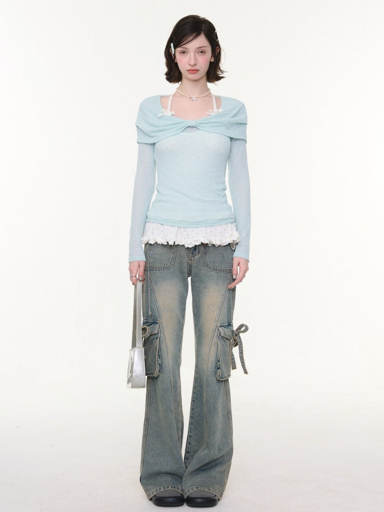 High Waist Slimming Distressed Bow Pocket Straight Bootcut Jeans【s0000016151】