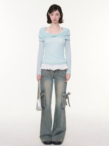High Waist Slimming Distressed Bow Pocket Straight Bootcut Jeans【s0000016151】