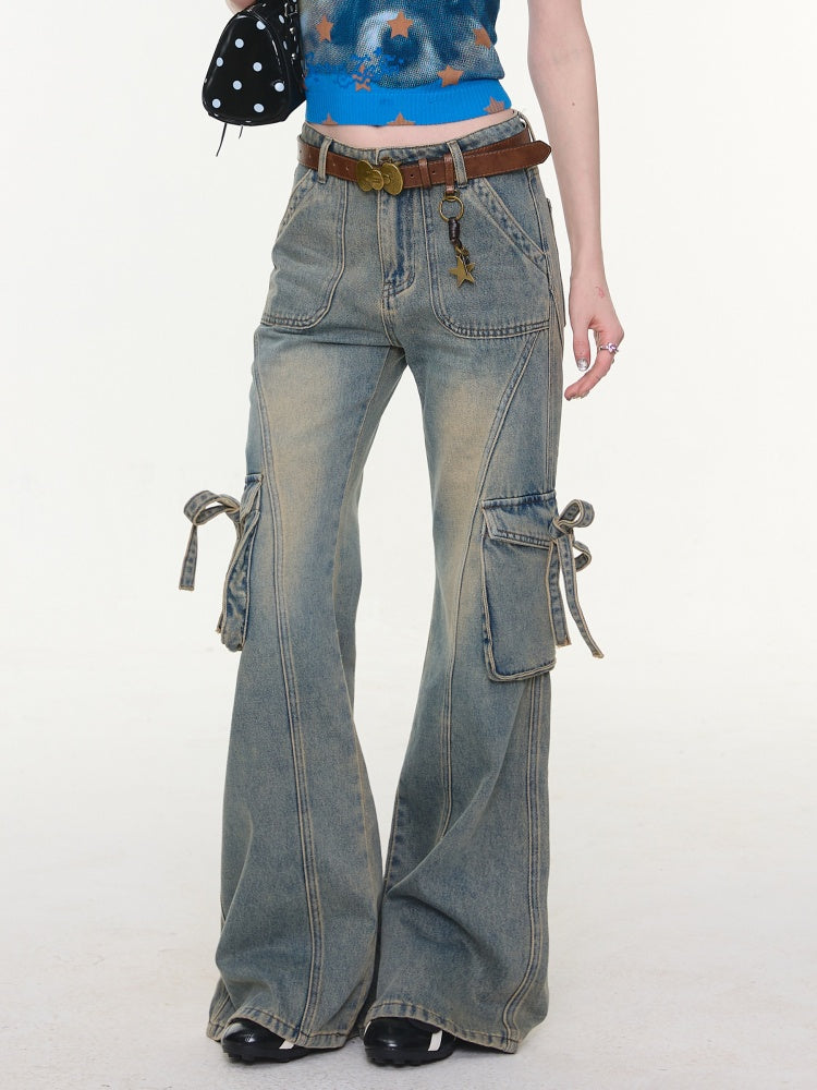 High Waist Slimming Distressed Bow Pocket Straight Bootcut Jeans【s0000016151】