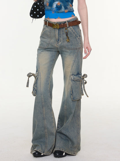 High Waist Slimming Distressed Bow Pocket Straight Bootcut Jeans【s0000016151】