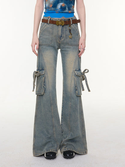 High Waist Slimming Distressed Bow Pocket Straight Bootcut Jeans【s0000016151】