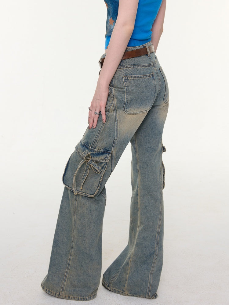 High Waist Slimming Distressed Bow Pocket Straight Bootcut Jeans【s0000016151】