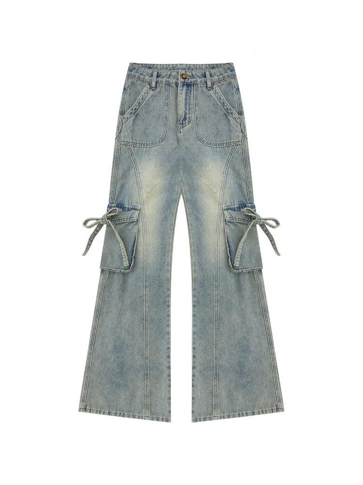 High Waist Slimming Distressed Bow Pocket Straight Bootcut Jeans【s0000016151】