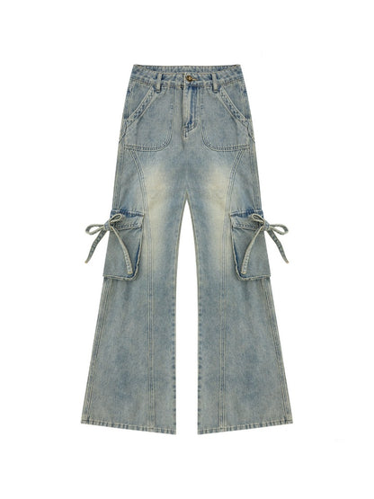 High Waist Slimming Distressed Bow Pocket Straight Bootcut Jeans【s0000016151】