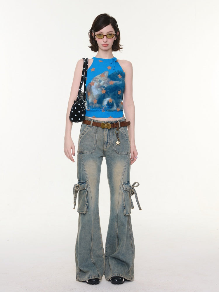 High Waist Slimming Distressed Bow Pocket Straight Bootcut Jeans【s0000016151】